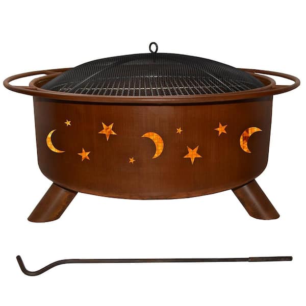 Evening Sky 29 In X 18 In Round Steel Wood Burning Fire Pit In Rust With Grill Poker Spark Screen And Cover F100 The Home Depot