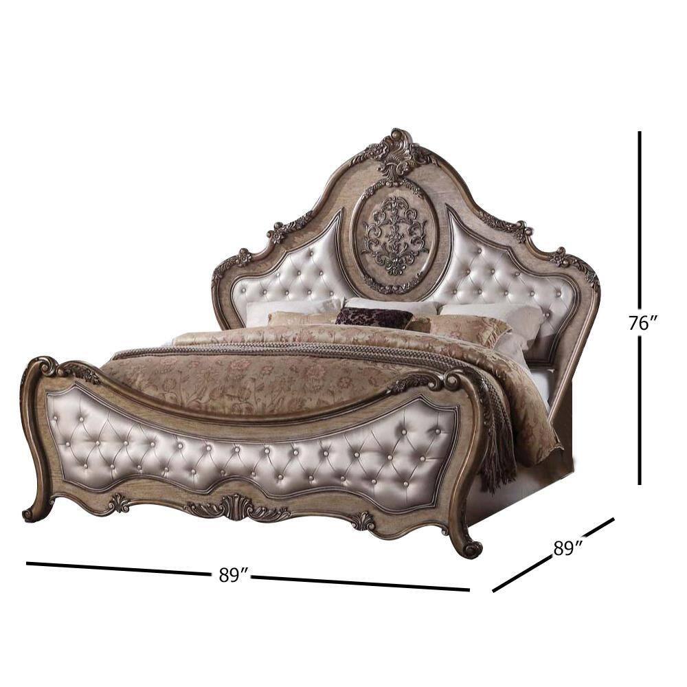 King Size Vintage Oak Upholstered Bed with Tufted Headboard