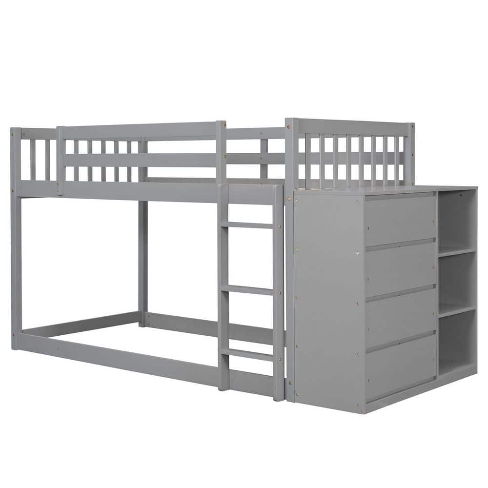 ANBAZAR Gray Twin Over Twin Kids Wood Bunk Bed Frame with Storage ...