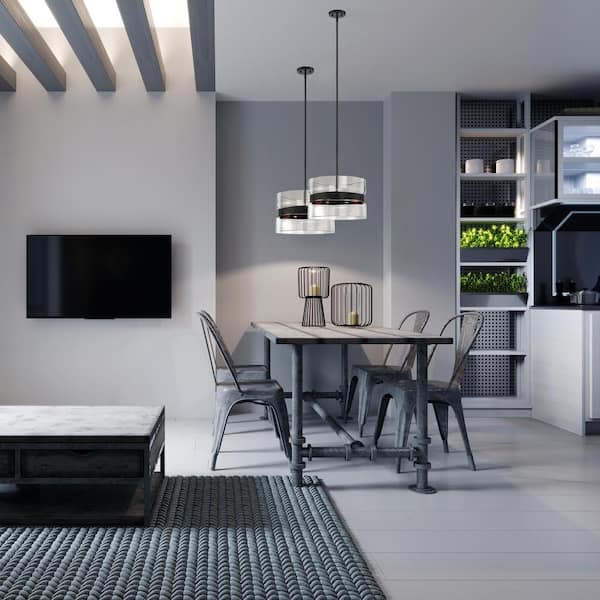 Midnight LA 60-Watt 6-Light Matte Black Classic Pendant Light with Clear Glass Dual Shade and No Bulbs Included