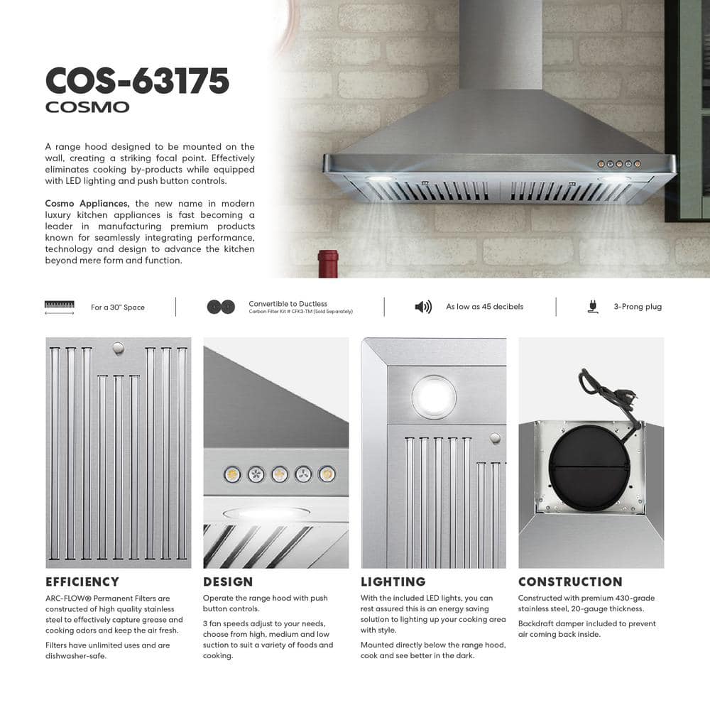 30-Inch Stainless Steel Wall Mounted Convertible Range Hood