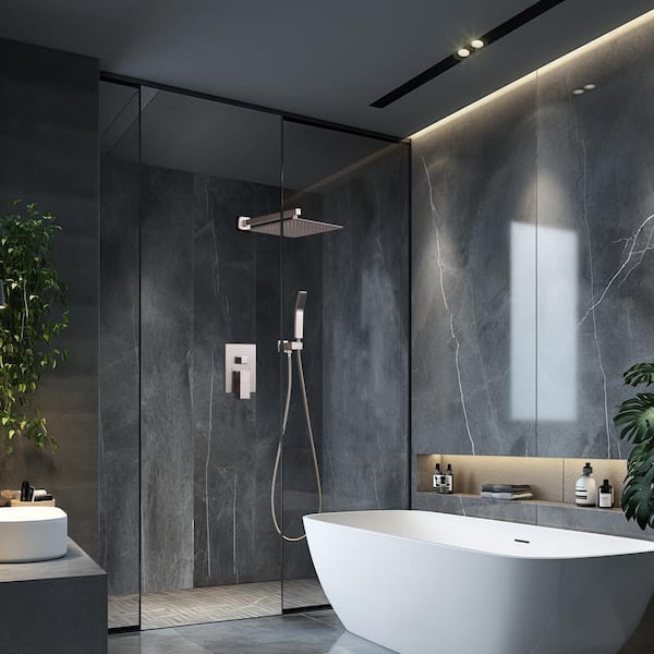 Rain Square Single Handle 1-Spray Shower Faucet 1.8 GPM w/ Valve 12in. Dual Shower Heads Shower System in Brushed Nickel