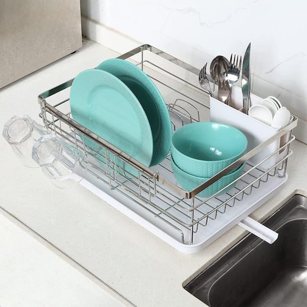 Poeland Dish Drying Rack with Drain Pan, Plate Pot Lid Holder and White