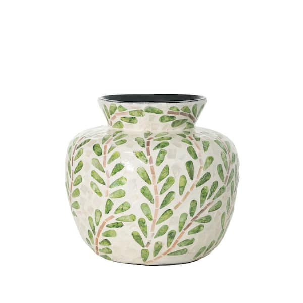 SULLIVANS 9 in. Leaf Pattern Round Bouquet Vase, Green