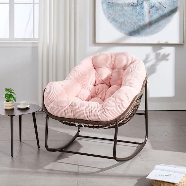 Wicker Outdoor Rocking Chair with Pink Cushion, Rattan Padded