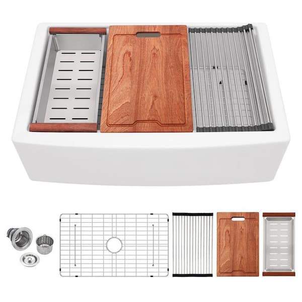 33 in. x 20 in. x 10 in. Farmhouse Apron-Front Kitchen Sink Single Bowl Workstation White Fireclay Sink with Accessories