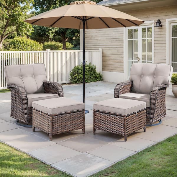Brynn 4-Piece Brown Wicker Outdoor Rocking Chair Set Patio Swivel Glider Lounge Chairs with Beige Cushions and Ottomans