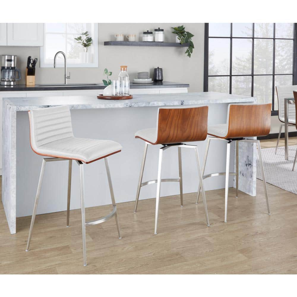 Set of 2 White Faux Leather Swivel Counter Stools with Walnut Wood and Stainless Steel