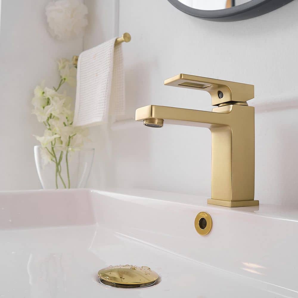 Brushed Gold Single-Handle Low-Arc Bathroom Faucet with Drain