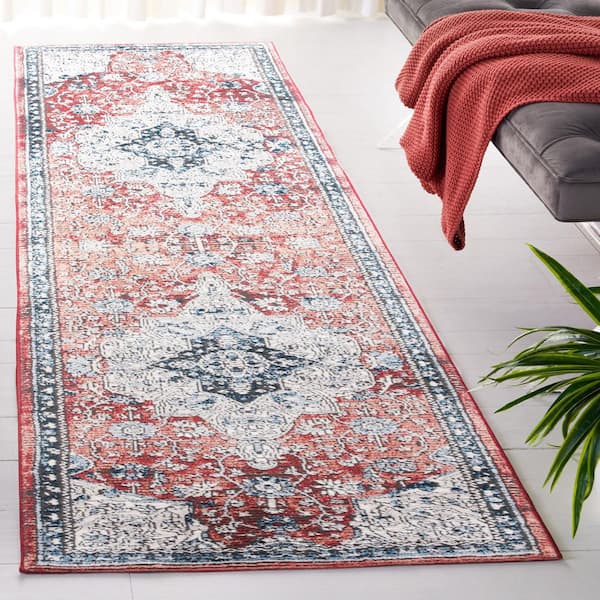 Rosewood 2 ft. x 8 ft. Ivory/Red Distressed Ornate Medallion Runner Rug