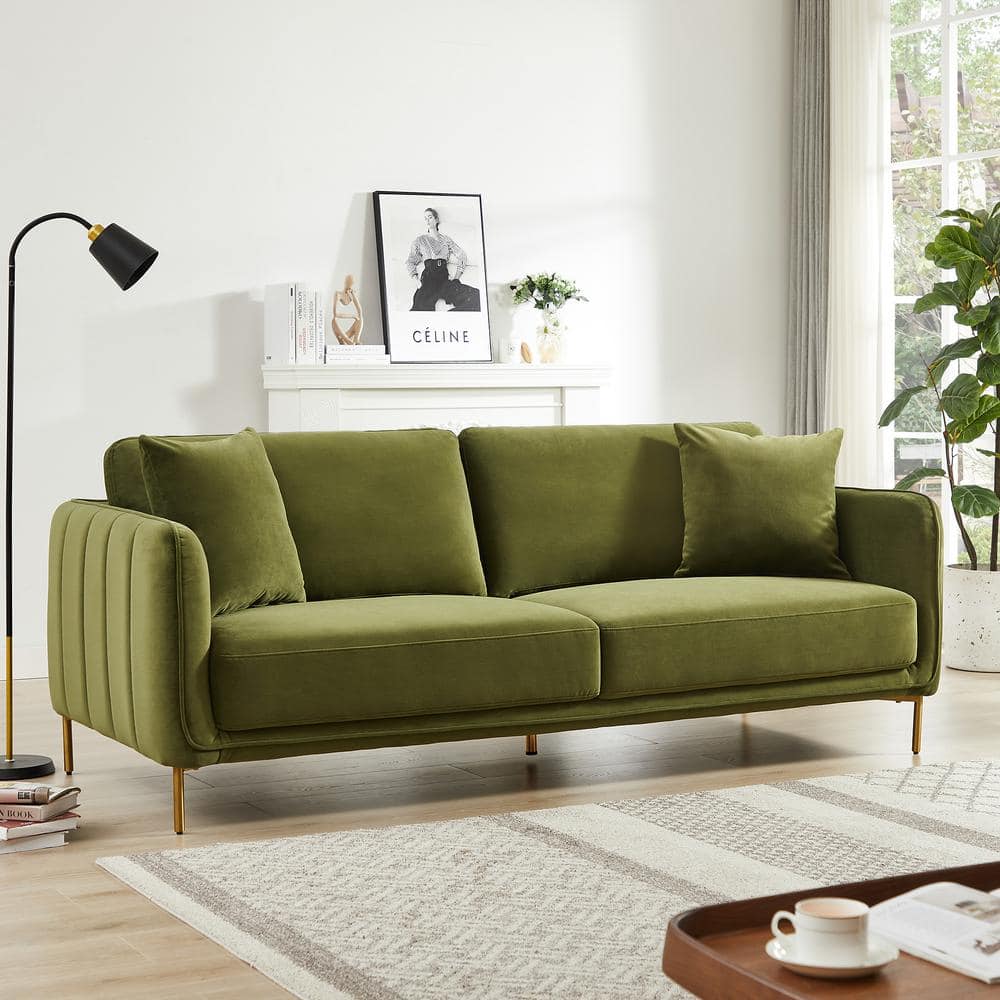 Donaldson Mid Century Modern Living Room Olive Green Velvet Sofa