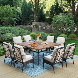9-Piece Metal Patio Outdoor Dining Set with Wood-Look Square Table and Chairs with Beige Cushions