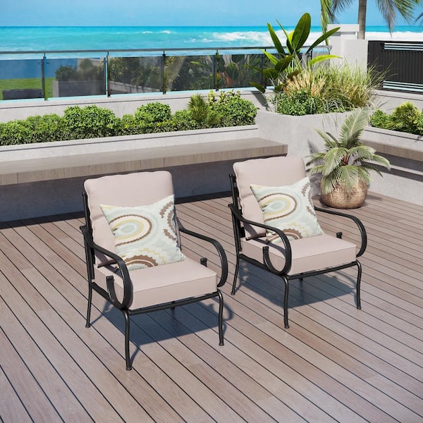 PHI VILLA Black Metal Frame Outdoor Patio Lounge Chairs with Beige Cushions(2-Pack)