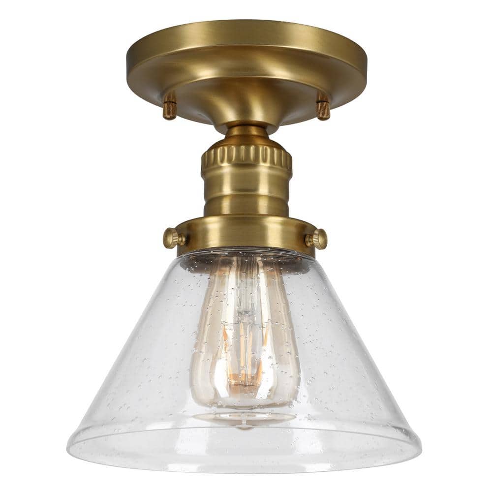 Cavell 7.9 in. 1-Light Satin Gold Semi-Flush Mount with Clear Seedy Glass Shade and No Bulbs Included price history on PriceWatchPro