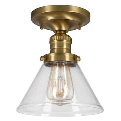 Cavell 7.9 in. 1-Light Satin Gold Semi-Flush Mount with Clear Seedy Glass Shade and No Bulbs Included