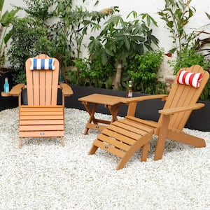 Classic 3-Piece Brown Reclining Chair Outdoor Plastic Adirondack Chair with Blue-and-White Stripes Cushions