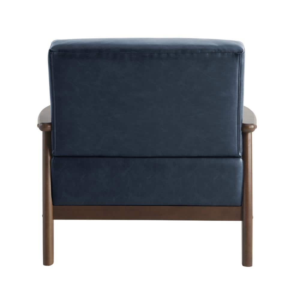 Navy Blue Faux Leather Barrel Accent Chair with Wood Frame