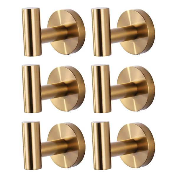 Wall Mount Round Stainless Steel J-Hook Robe/Towel Hook in Brushed Gold (6-Pack)