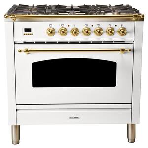 36 in. 3.55 cu. ft. Single Oven Dual Fuel Italian Range True Convection, 5 Burners, Griddle, LP Gas, Brass Trim in White