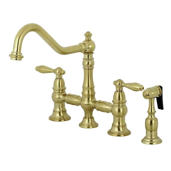 Kingston Brass Restoration 2-Handle Bridge Kitchen Faucet with Side Sprayer in Brushed Brass