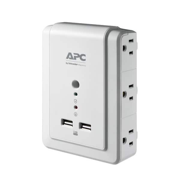 APC White SurgeArrest Surge Protector with 6 outlets and 2 USB ports, wall-mounted