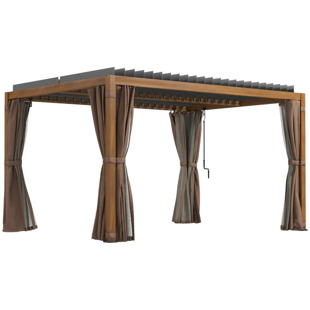 Outsunny 13 ft. x 10 ft. Natural Wood Outdoor Retractable Pergola with Sun Shade Aluminum Louvered Top