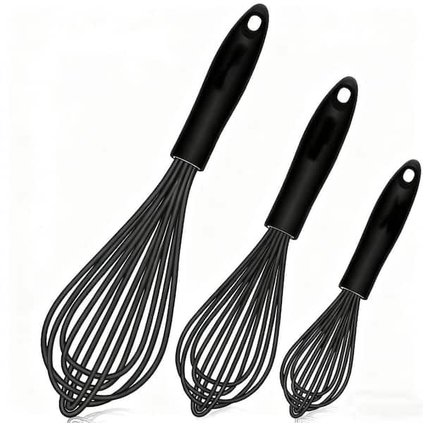 Silicone Non-Scratch Coated Whisks set of 3, Heat Resistant Kitchen Wisk for Blending, Beating and Stirring, Black
