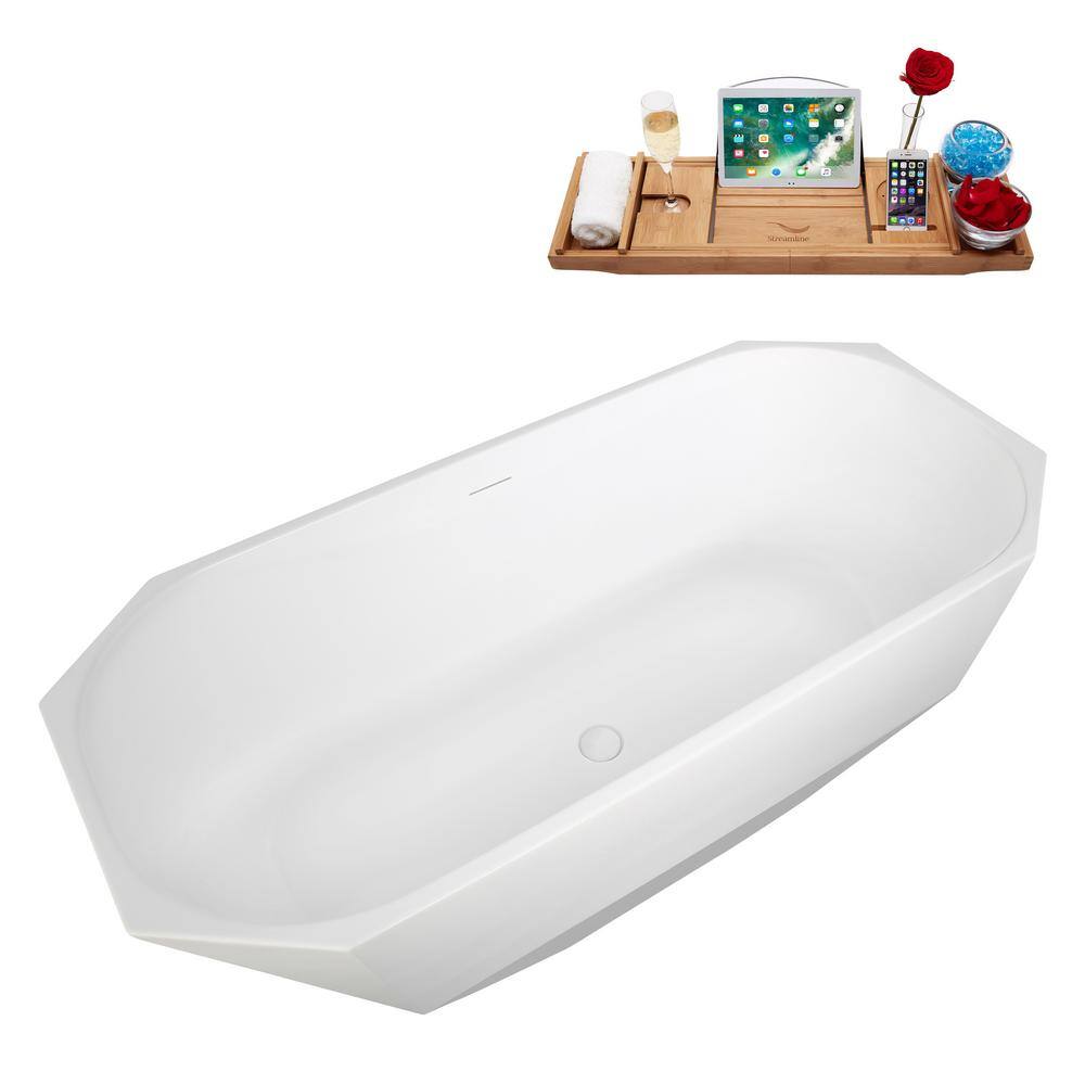 63" Glossy White Acrylic Freestanding Double Slipper Bathtub with Bamboo Tray