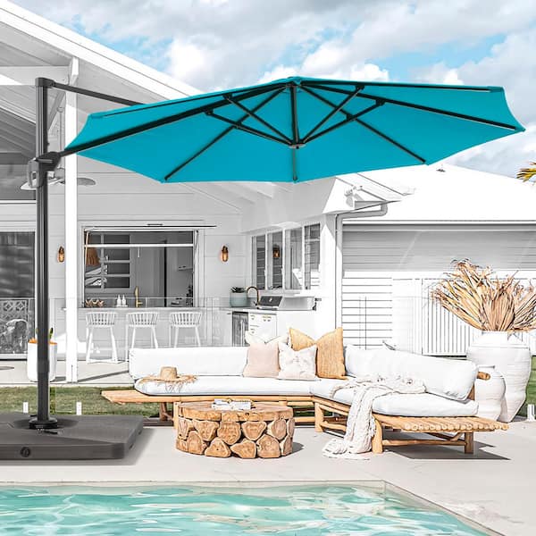 11 ft. Round Aluminum 360° Rotation Cantilever Offset Outdoor Patio Umbrella with a Base in Lake Blue, BOX2