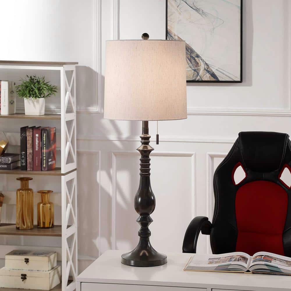 24" Bronze Candlestick Table Lamp with Neutral Shade