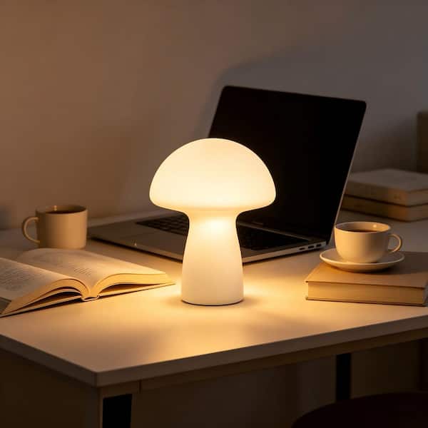 9 in. White Glass Nightstand Light Mushroom Table Lamp