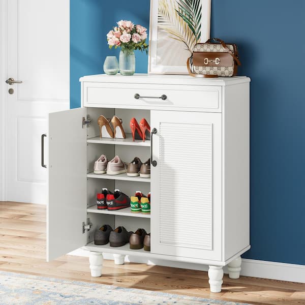BYBLIGHT 31.5 in. W White 20-Pairs Shoe Storage Cabinet, Free-Standing Wooden Shoe Cabinet with Drawer for Entryway