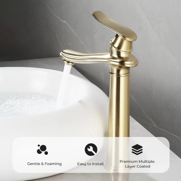 Single Handle Single Hole Bathroom Vessel Sink Faucet, Waterfall Bathroom Sink Faucet with Pop-Up Drain in Brushed Gold