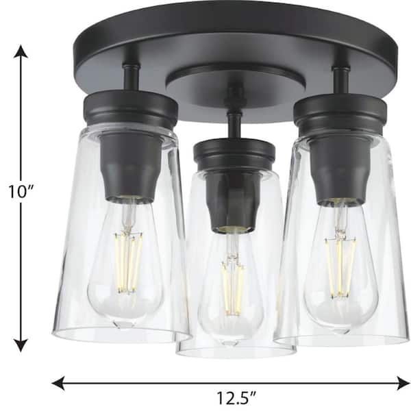 Progress Lighting Stockbrace 3-Light Matte Black Clear Glass Farmhouse Chandelier Light
