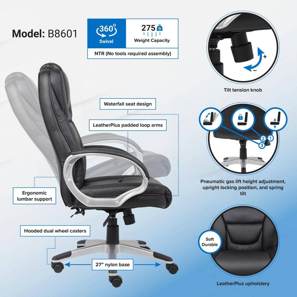 Ergonomic High-Back Swivel Executive Chair in Black LeatherPlus