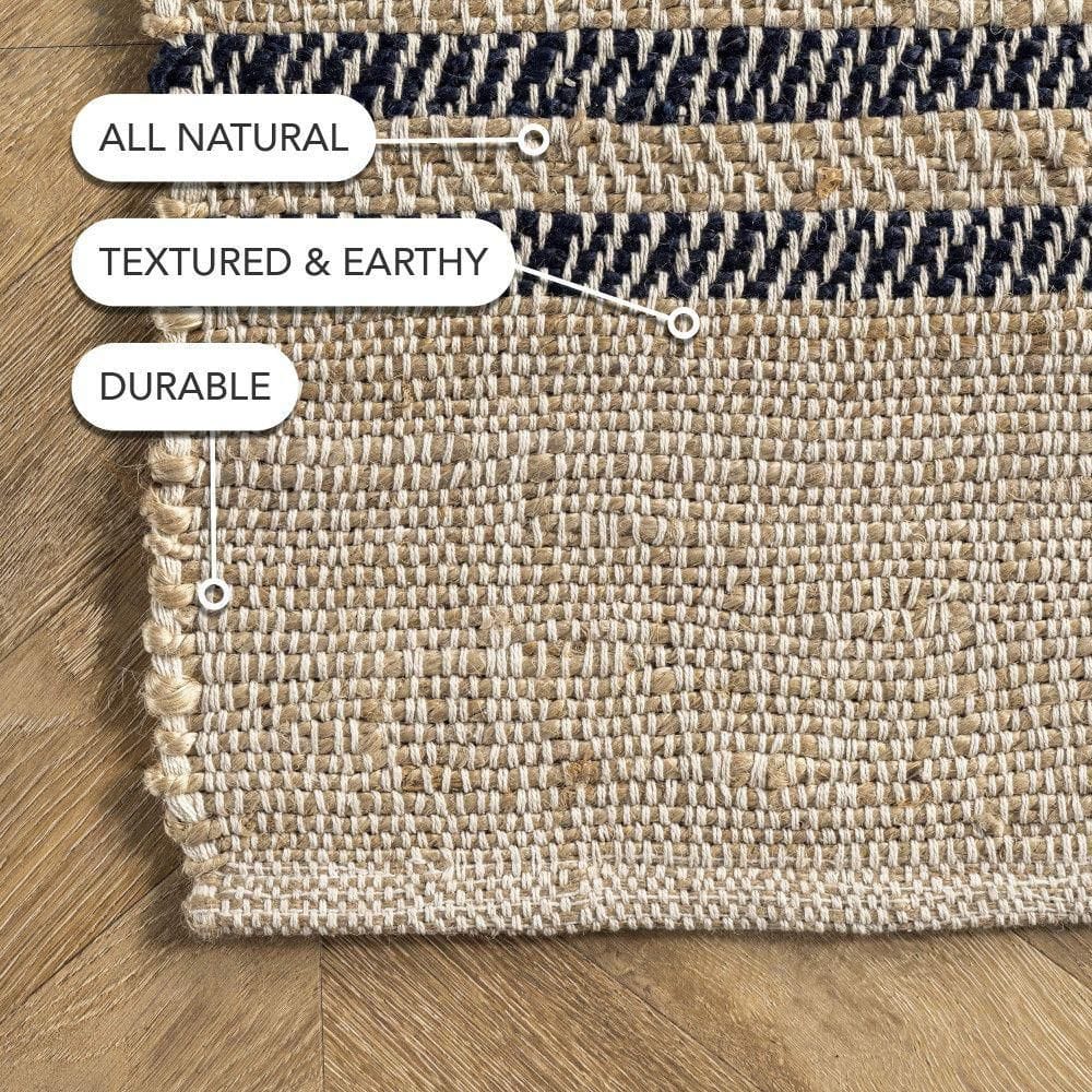 Natural Jute Flatwoven Area Rug with Blue Stripes, 5' x 8'