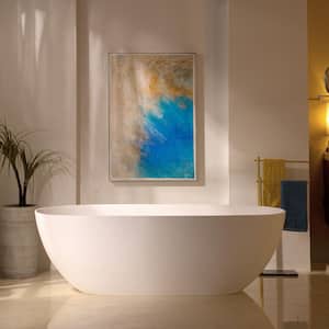 69 in. L x 32 in. W Luxury Contemporary Solid Surface Stone Resin Freestanding Soaking Bathtub w/ Center Drain in White