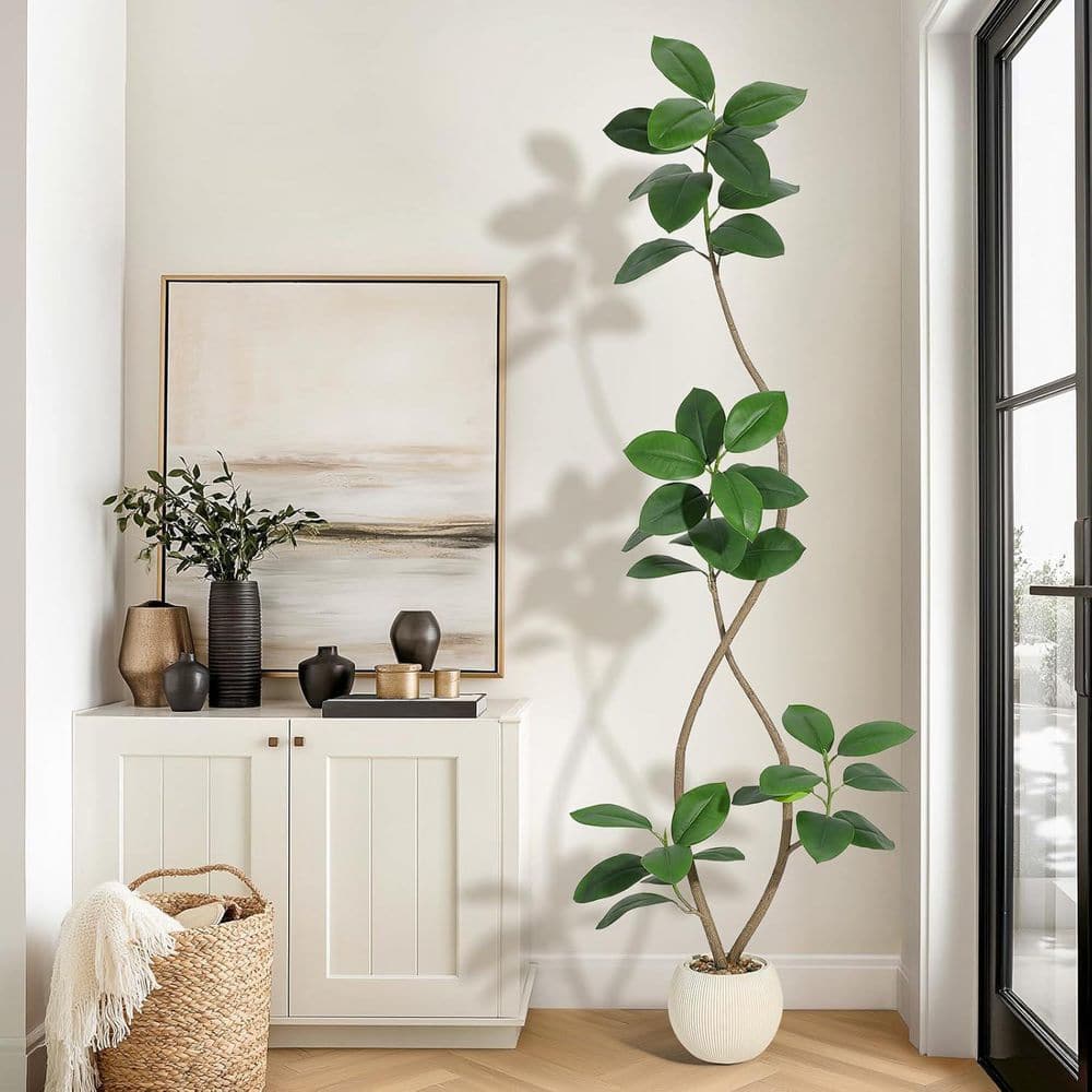 6 ft. Artificial Plant Rubber Tree with Off White Sphere Resin Planter and Stone Faux Fiddle Leaf Fig Tree price history on PriceWatchPro