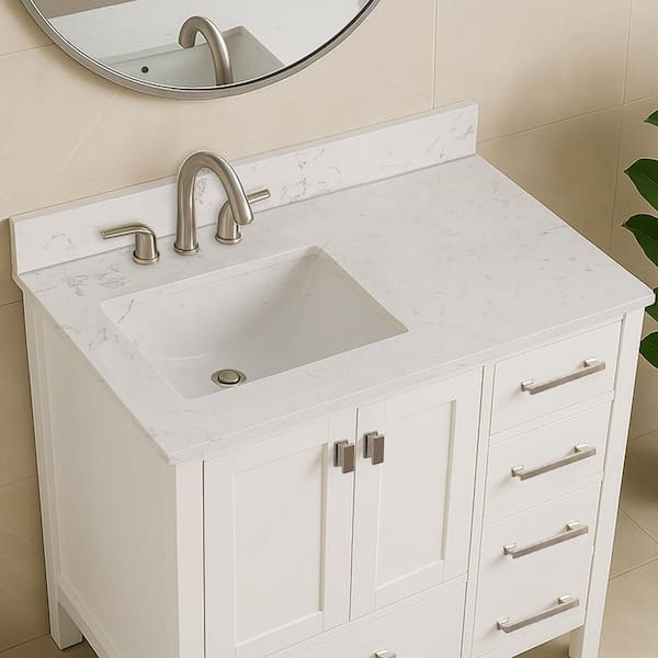 Bath Mist 42 in. W Single Sink Freestanding Bath Vanity in White with White Engineered Stone Top Assembled