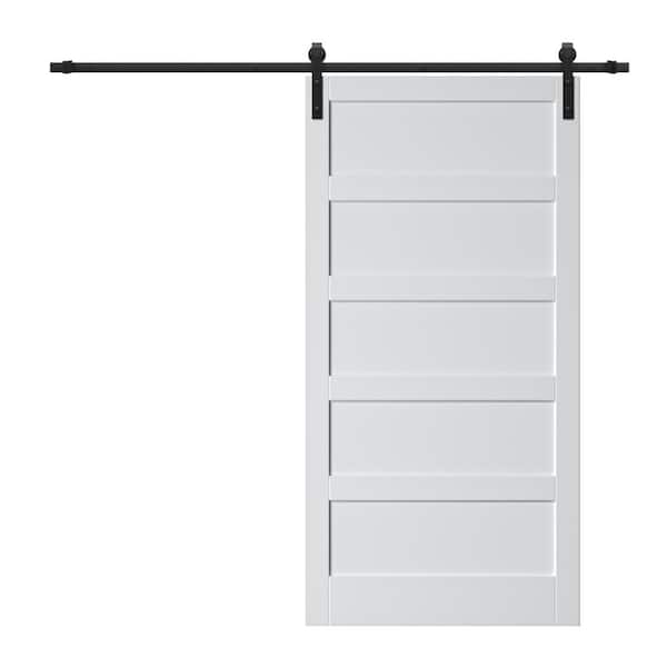 ARK DESIGN 42 in. x 84 in. Paneled 5-Lites White MDF with PVC Prefinished Sliding Barn Door Slab with Installation Hardware Kit