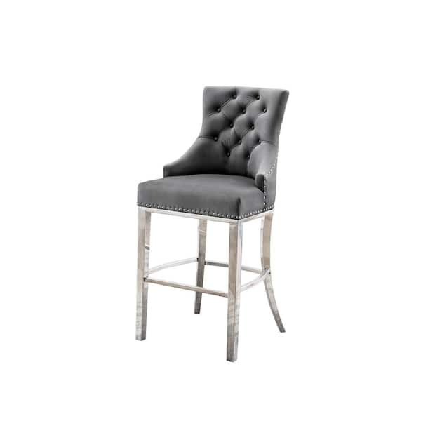 Best Quality Furniture Alberto 29 in. H Dark Gray Velvet Fabric Full Back Metal Frame Barstool With Stainless Steel Legs (Set of 1)