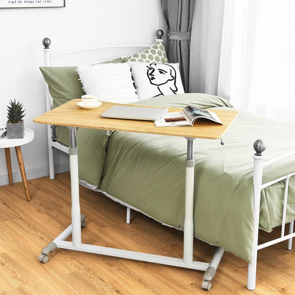 Adjustable Natural Wood and Metal U-Shaped Desk with Wheels