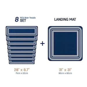 8.5 X 26 and 31 X 31 Navy Carmel Bordered Non-Slip Indoor Stair Tread Cover and Landing Mat (Set of 9)