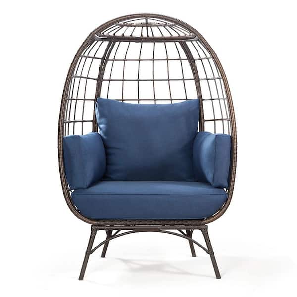 Sudzendf Brown Wicker Outdoor Lounge Chair, Egg Chair with Navy Blue Cushion