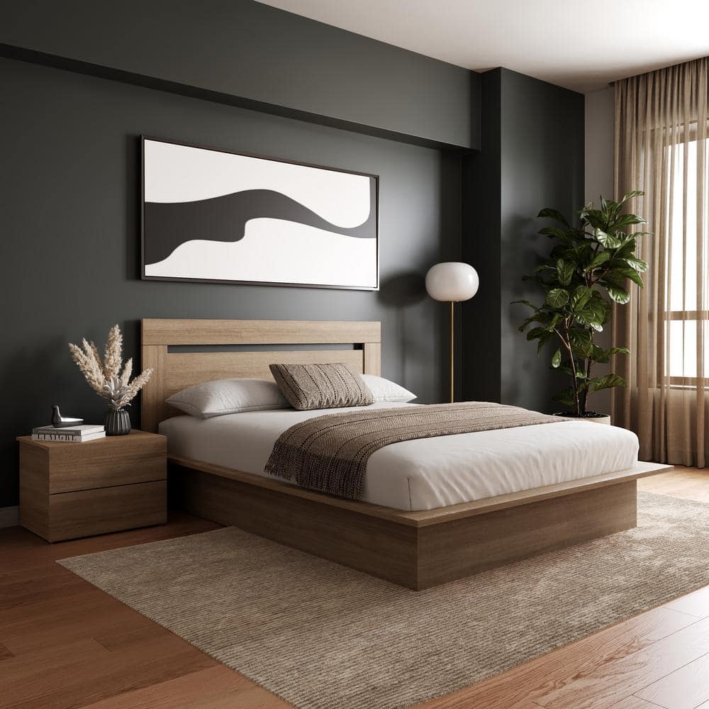 Malibu Light Brown Oak 3-Piece Bedroom Set with Platform Bed and Nightstand