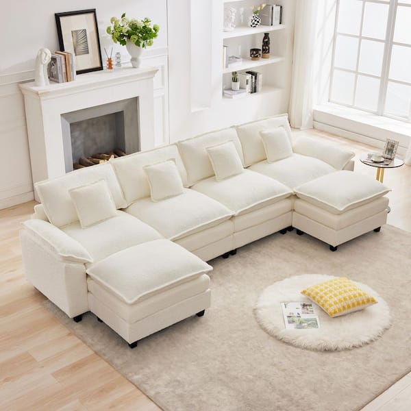 JEAREY 136.6 in. Width Pillow Top Arm Chenille Fabric U-Shaped Sectional Sofa with 2-Ottomans for Living Room in Beige