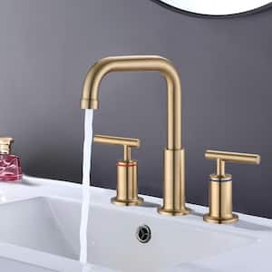 Modern 8 in. Widespread Double Handle 360-Degree Swivel Spout Bathroom Faucet with Drain Kit Included in Brushed Gold