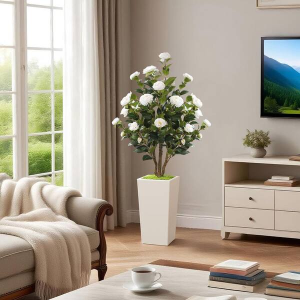 4 ft. Artificial Camellia Tree in White Planter with White Flower