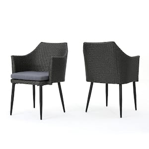 Iona Mixed Black Arm Faux Rattan Outdoor Dining Chairs with Grey Cushion (2-Pack)