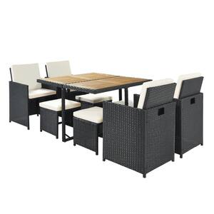 9-Piece Black Wicker Outdoor Dining Set with Beige Cushion